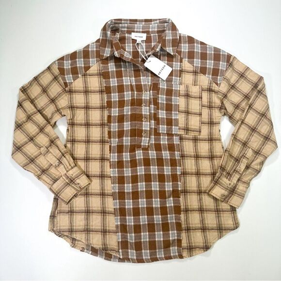 Heyson Size Small Patchwork Mixed Plaid Upper Button Front Top Brown NWT - Picture 3 of 11